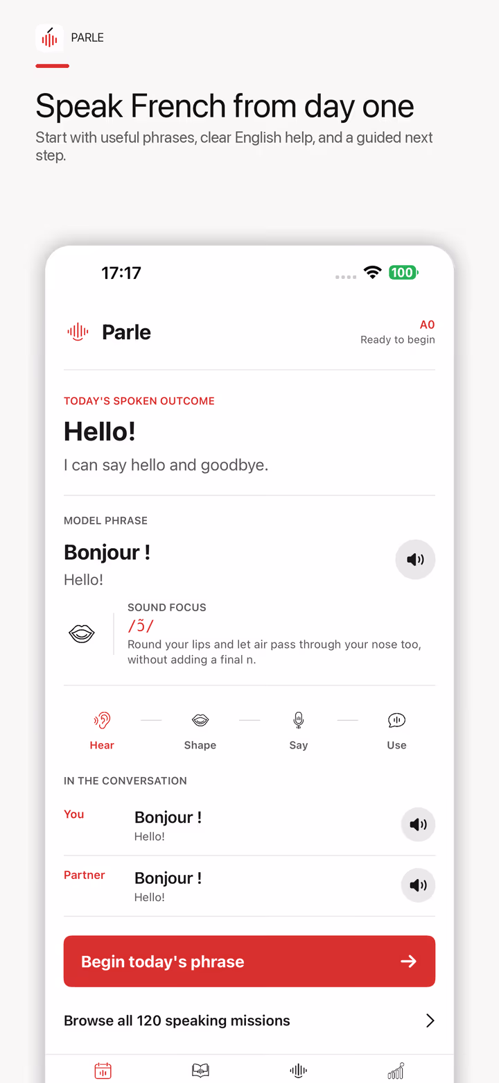 Parle Today screen showing an A0 spoken outcome, French model phrase, sound focus, and the Hear Shape Say Use mission path