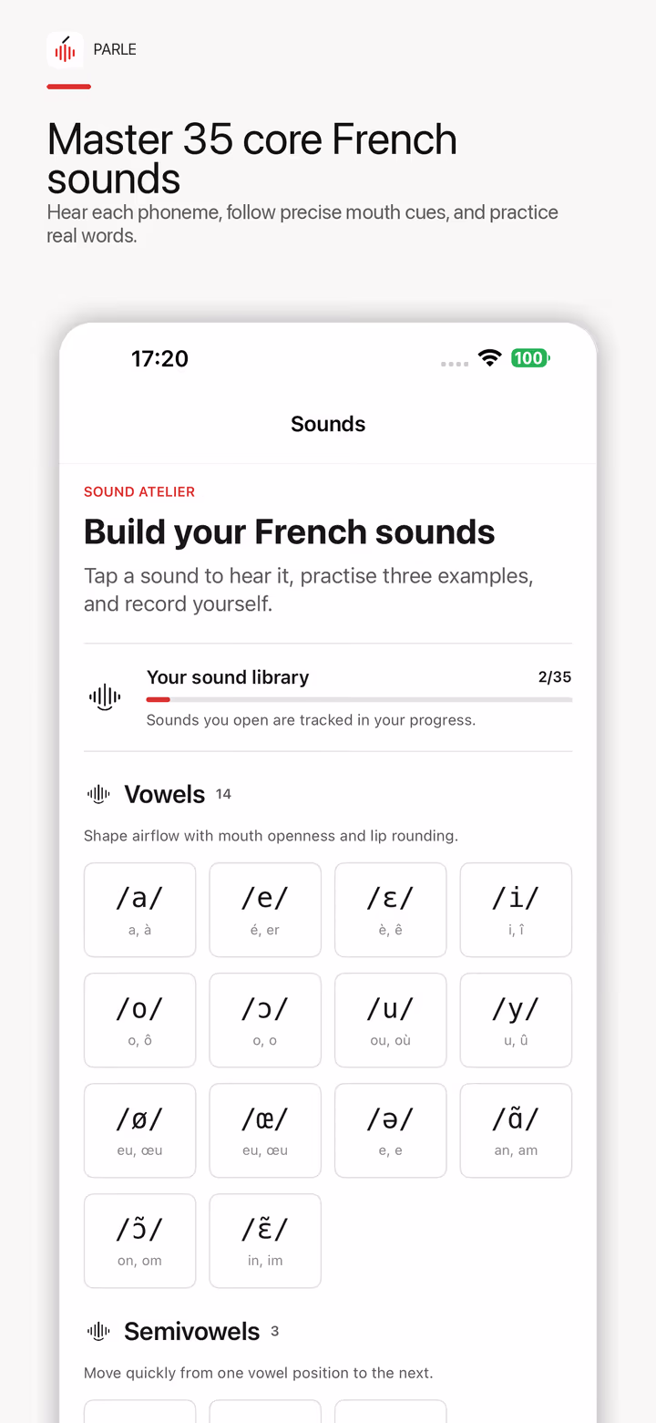 Parle French sound library showing core vowel IPA symbols and spelling patterns