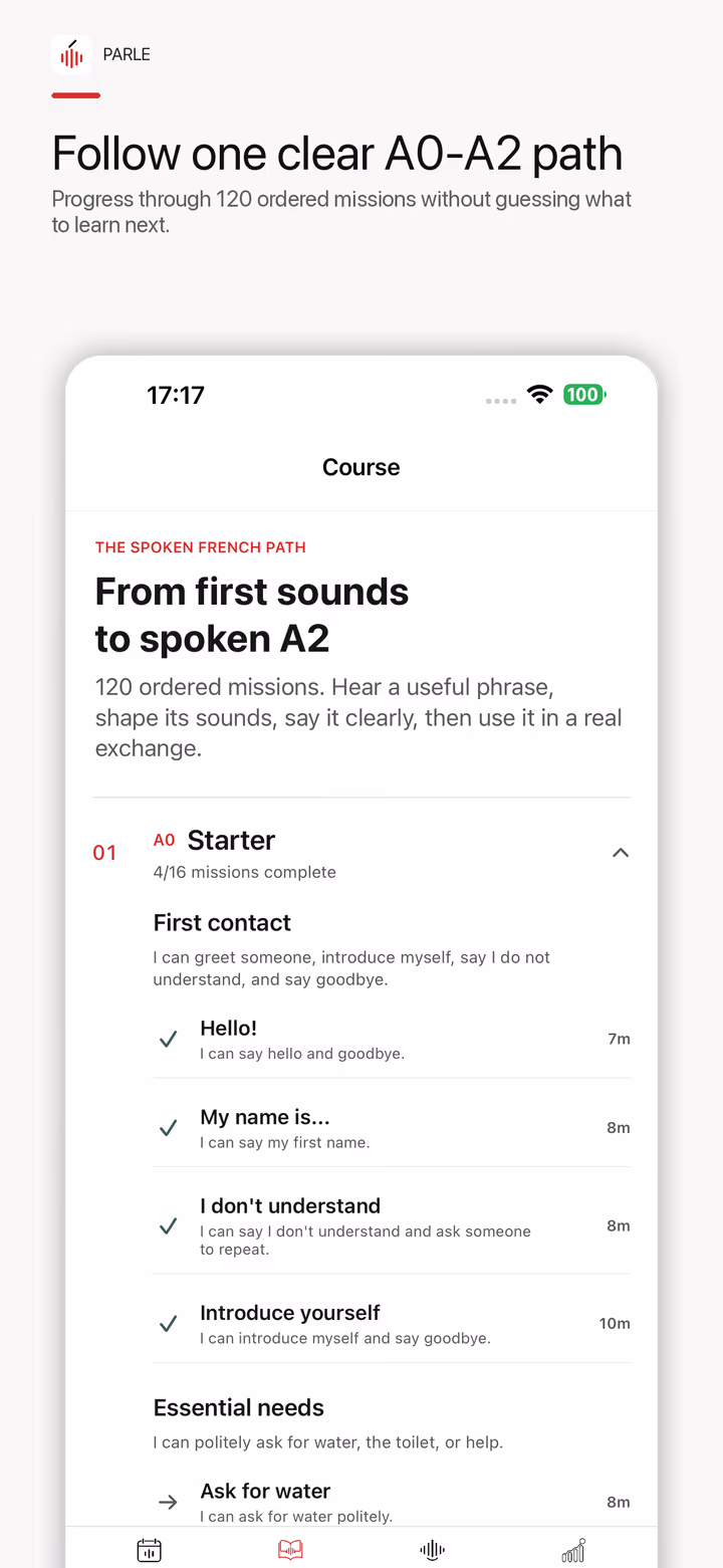 Parle A0 to A2 French course screen showing ordered speaking missions and can-do outcomes