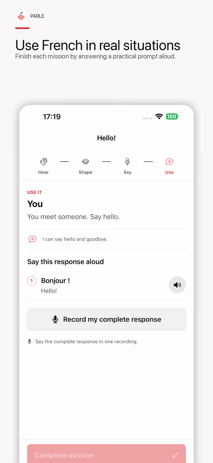 Parle Use step asking a beginner to record a complete French response in a real-life role-play