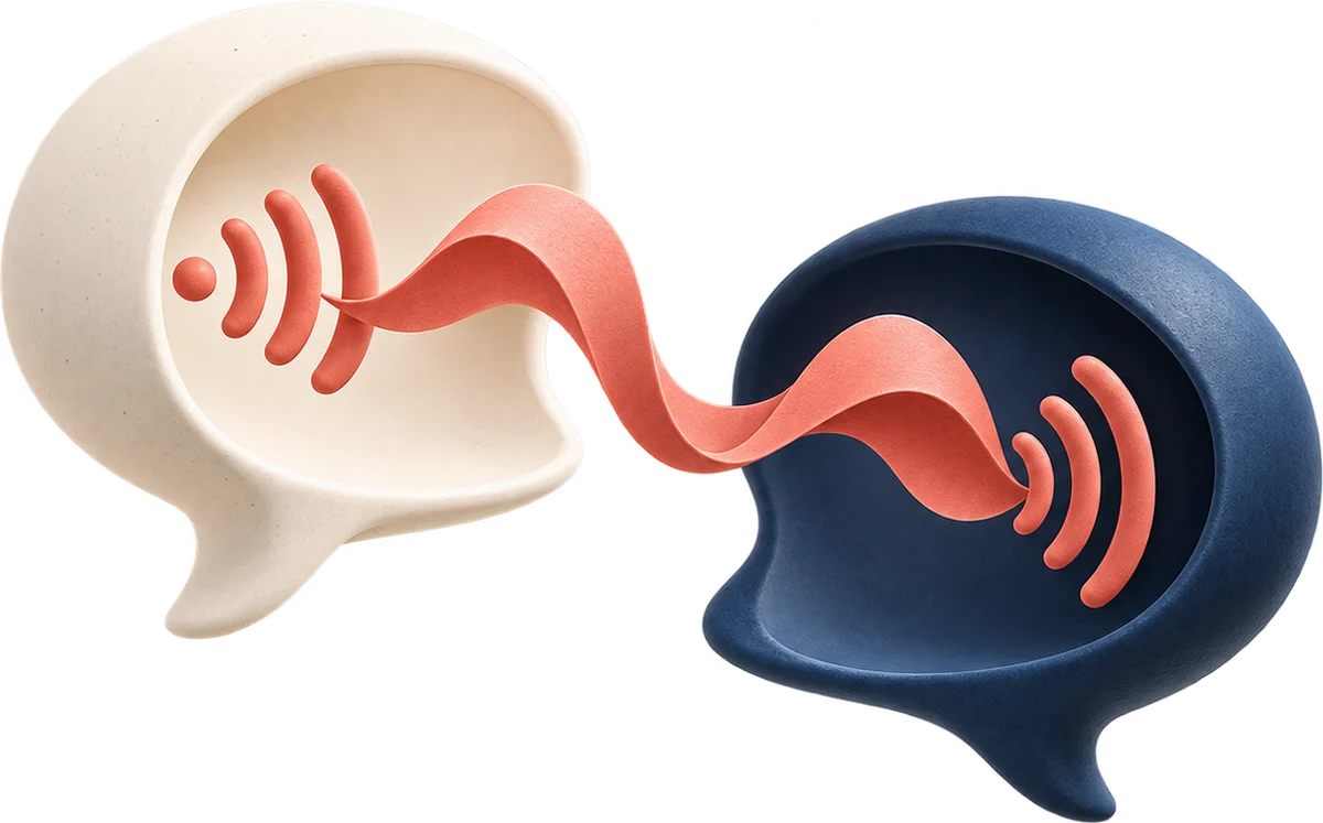 Ivory and navy speech bubbles connected by a coral sound wave, illustrating listening and speaking.